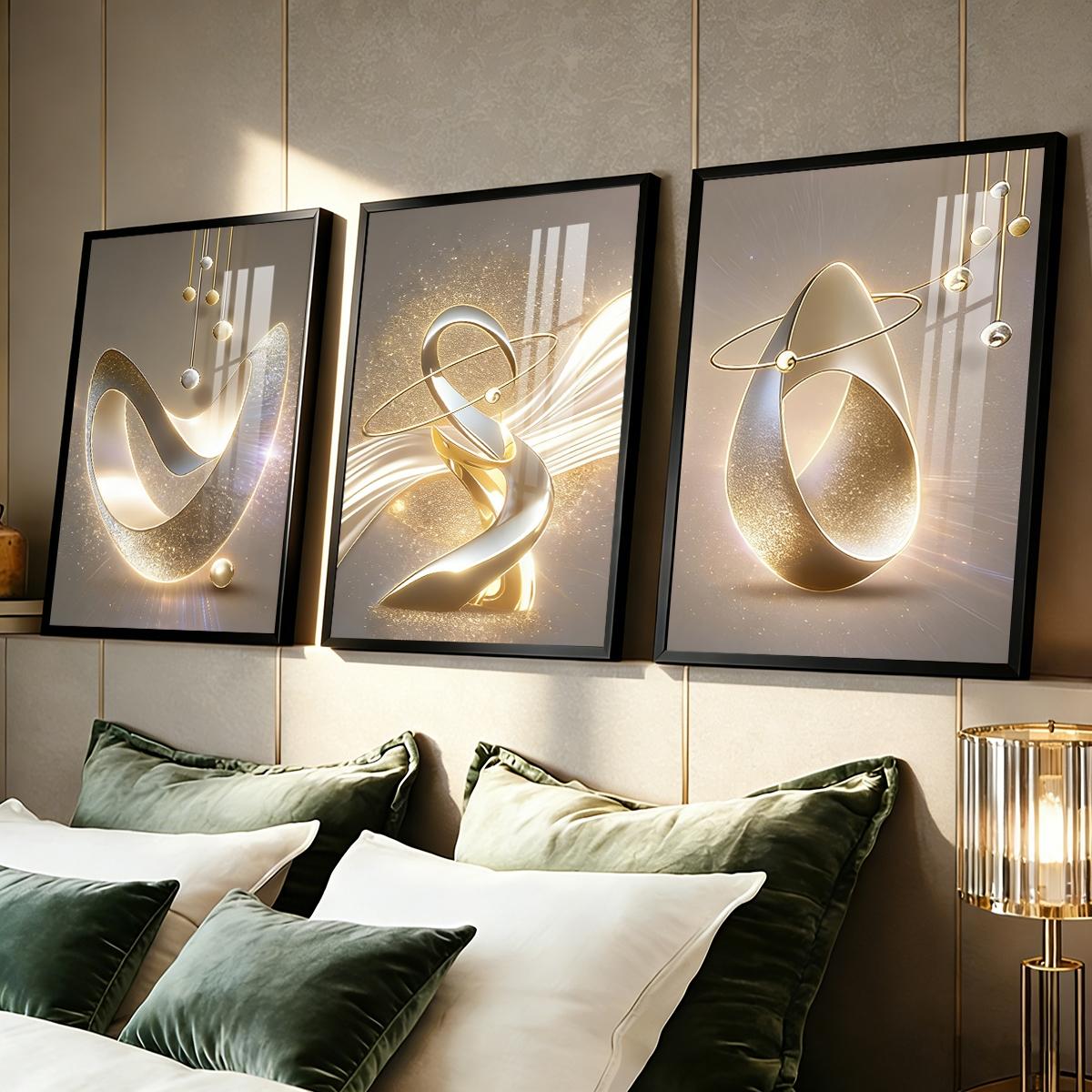 3 Counts Aluminum Alloy Framed Painting, Golden Abstract Sculpture Art Pictures, Home Decoration For Living Room, Bedroom, Office, Restaurant, Hallway Wall Decor, Odorless Print Artwork, Luxury Perfect Gift For Friends And Family