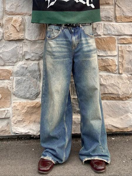 Men's Loose-Fit Ombre Denim Jeans, All-Season Street Style, Zipper Fly Closure, Moderate Fabric Thickness, Vintage Y2K Design, Streetwear