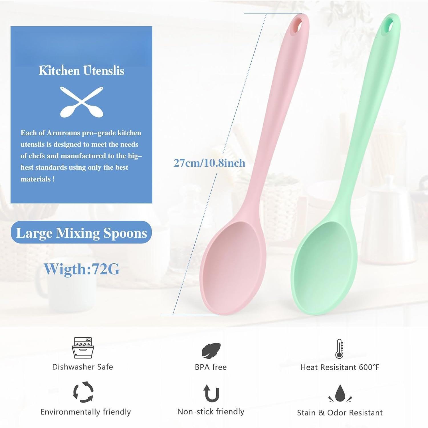 Mixing Spoons 2-Pack, 10.8" Large High Heat Resistant Nonstick Cooking spoon for Stirring, Mixing and Serving, Green &  Rubber Spoon.