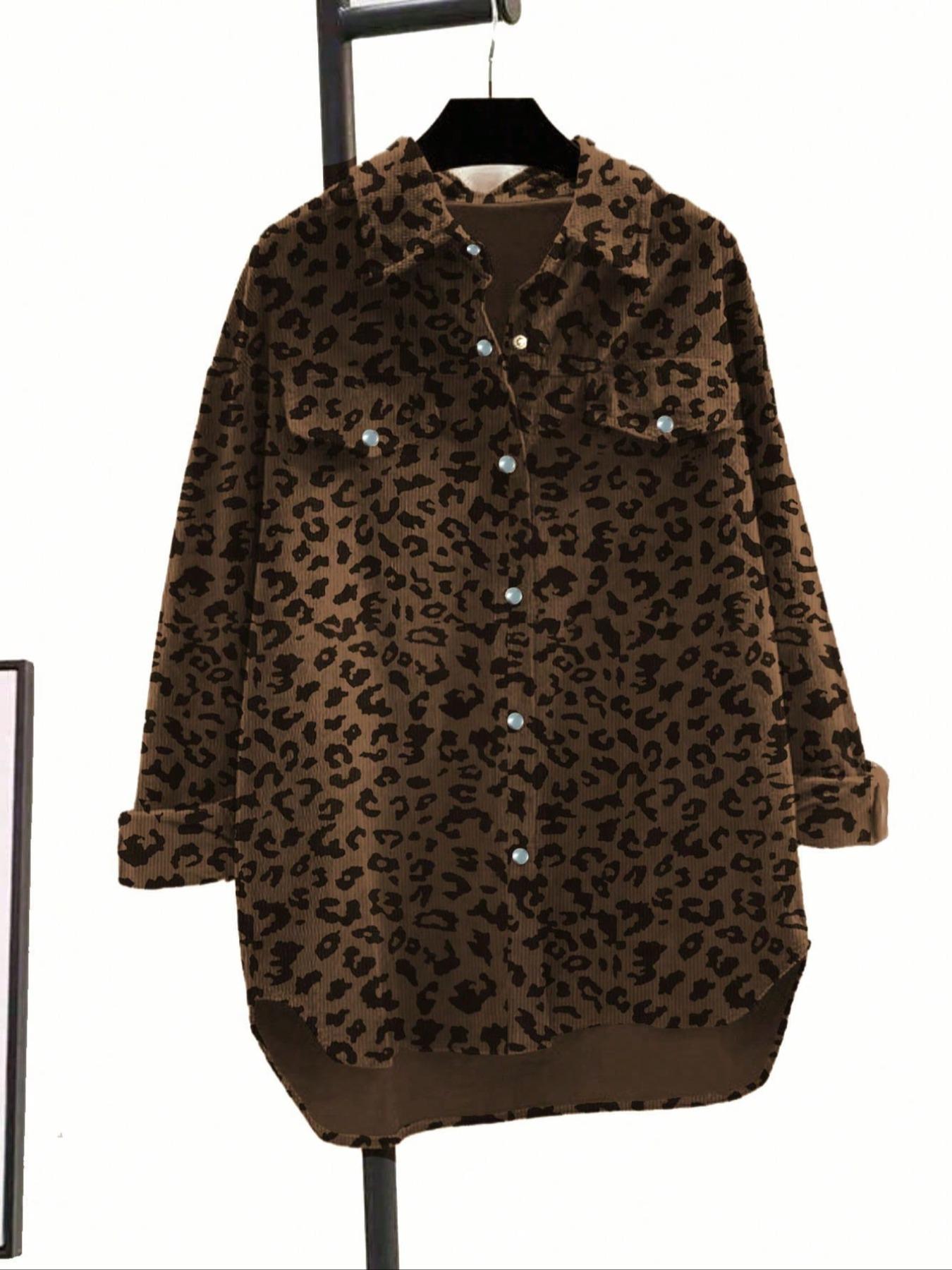 Women's Plus Size Fashion Leopard Print Button Front Lapel Loose Casual Jacket Coats with Pockets, Stylish and Comfortable Outerwear for Everyday Wear