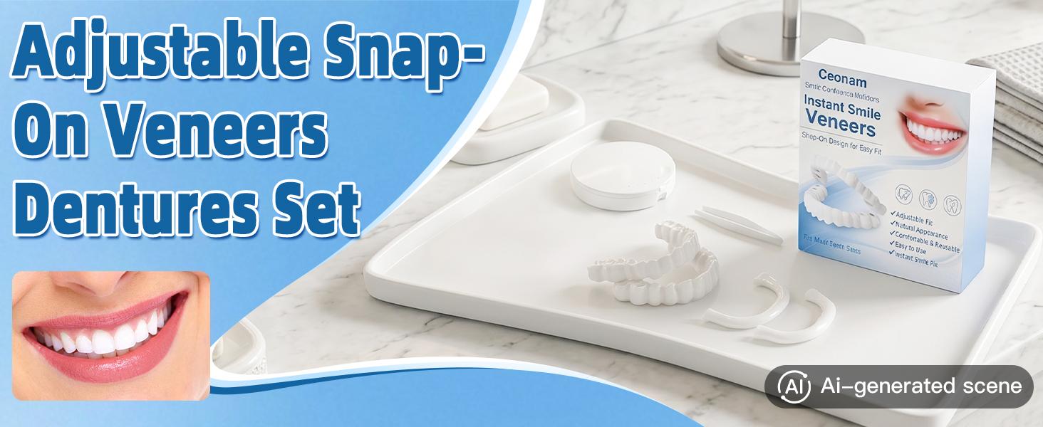 2026 Adjustable Snap-On Veneers Denture Set - Upper-Lower Teeth Covers, Natural Full Coverage Tooth Caps Kit for Adults