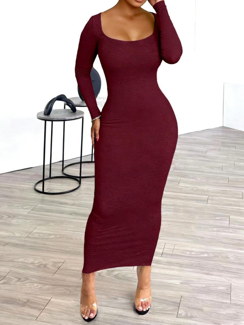 Women's U-Neck Dress Spring New Corduroy Print Back Long Skirt, Fashion Sexy Elegant Casual Medium-Length Dress for Autumn Winter