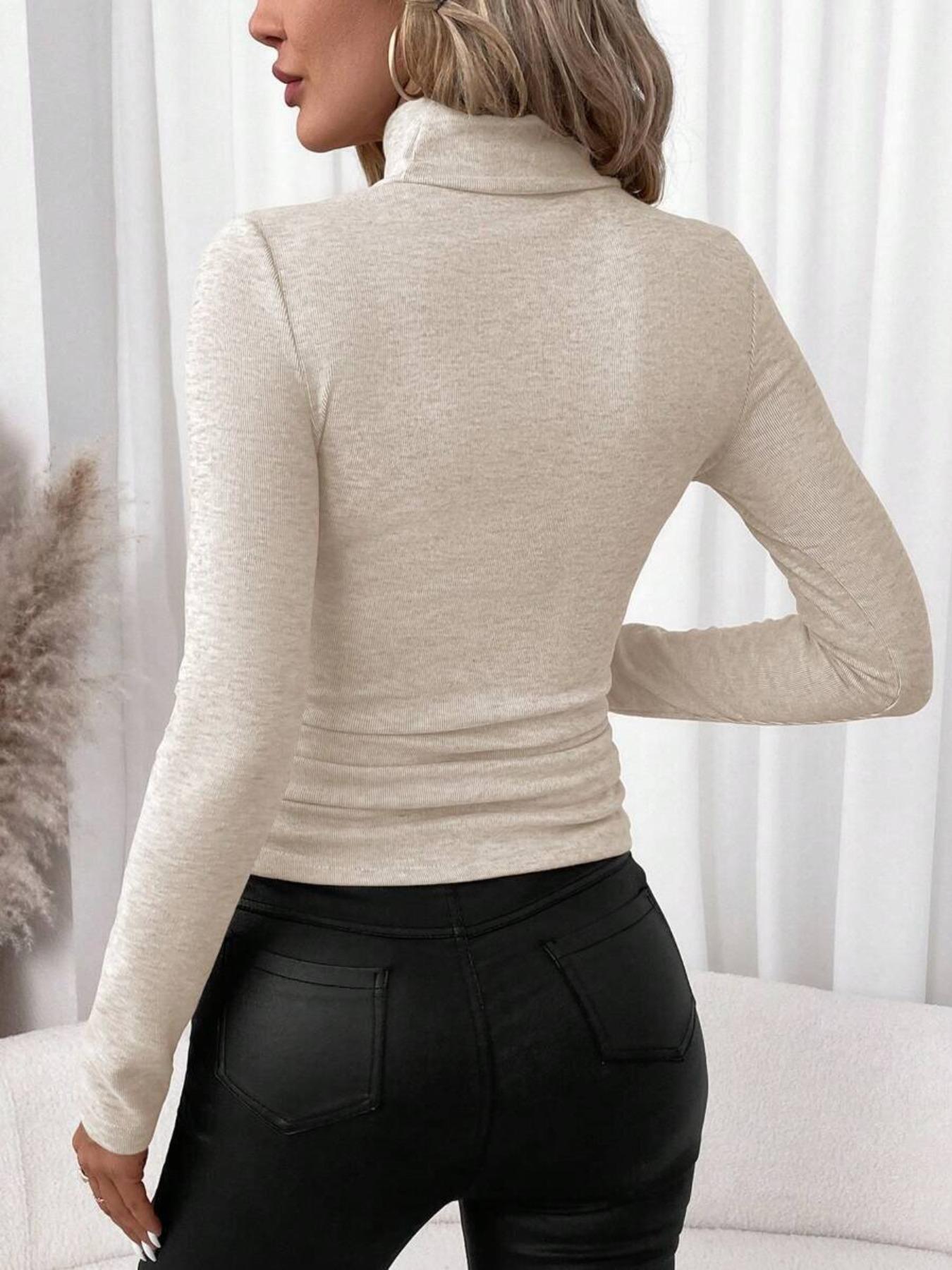 Women's Thick High Neck Long Sleeve T-Shirt, Fashion Wrinkled Waist Design, Casual Daily Wear & Layering Top for Fall Winter
