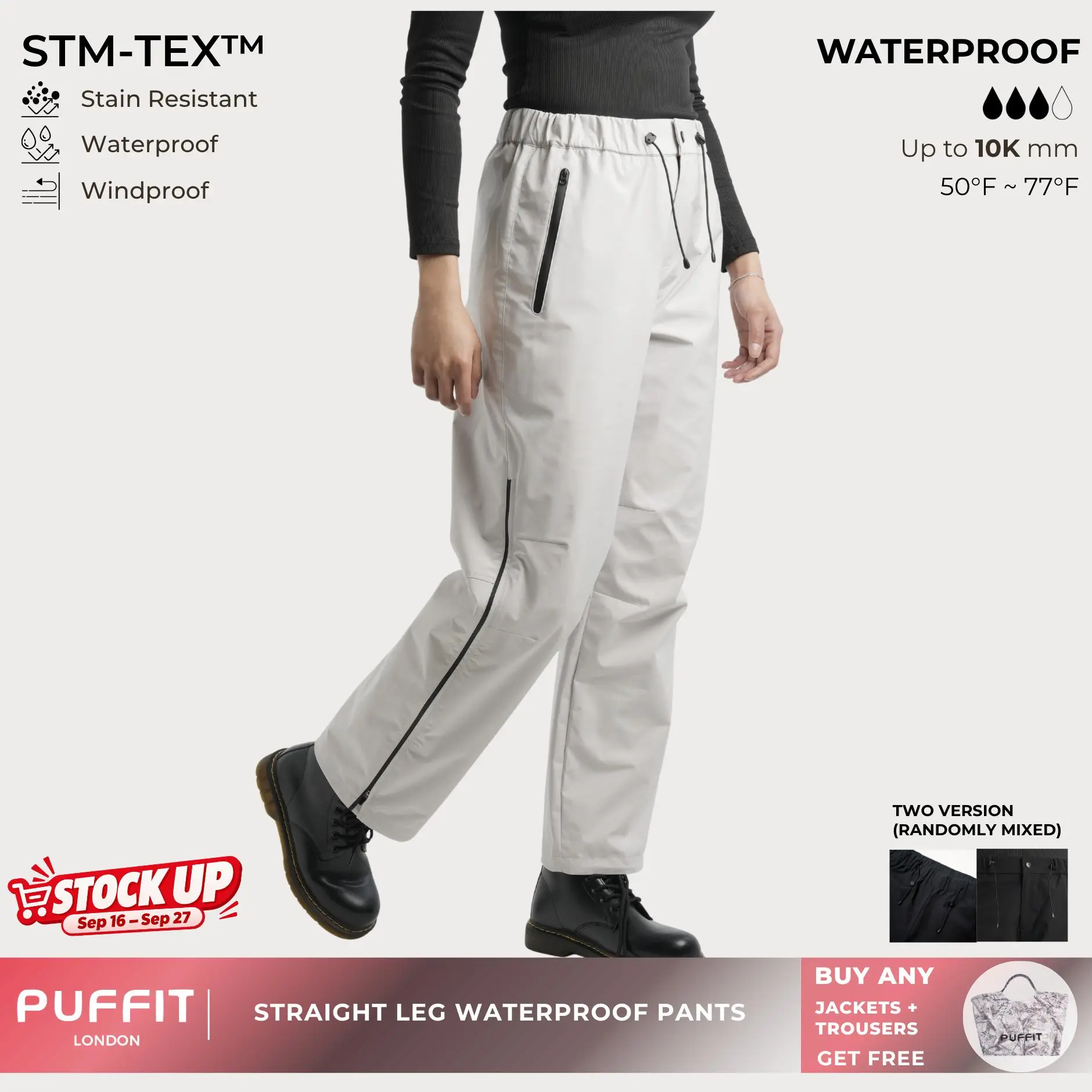 PUFFIT STM-TEX Relax Fit Straight Leg Waterproof Pants With 2 Side Zip Hem,Lightweight,Breathable & Eco Fabric,Work,Walk & Outdoor Ready,Comfort Fit,Hiking,Casual Fitted Style,Fall,Winter,2026 Shopping