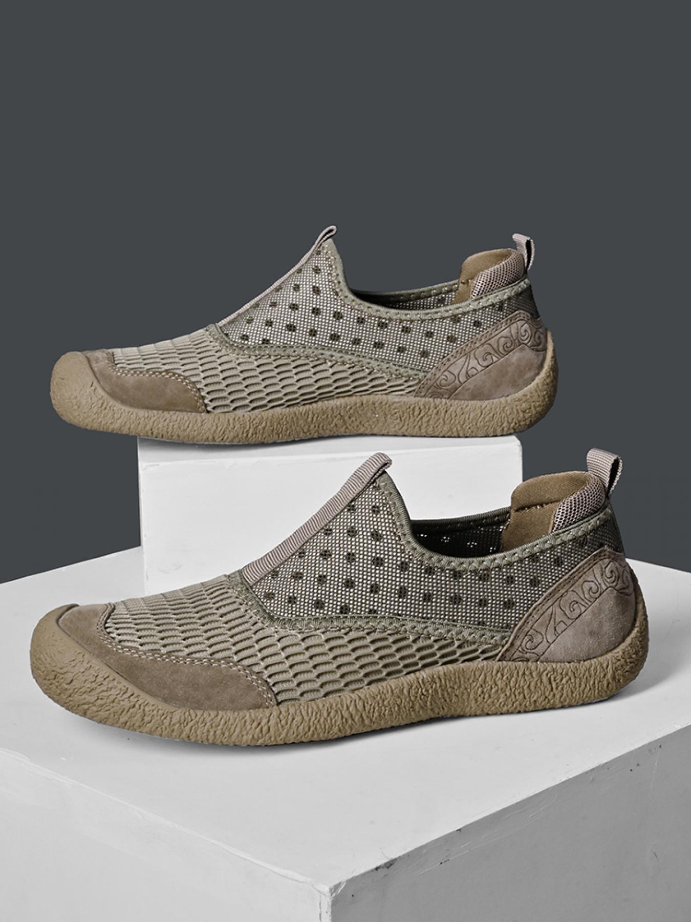 Men's Solid Color Mesh Breathable Slip-On Loafers, Soft Sole Anti-Slip Hand-Stitched Walking Shoes, Lightweight Casual Dad Shoes