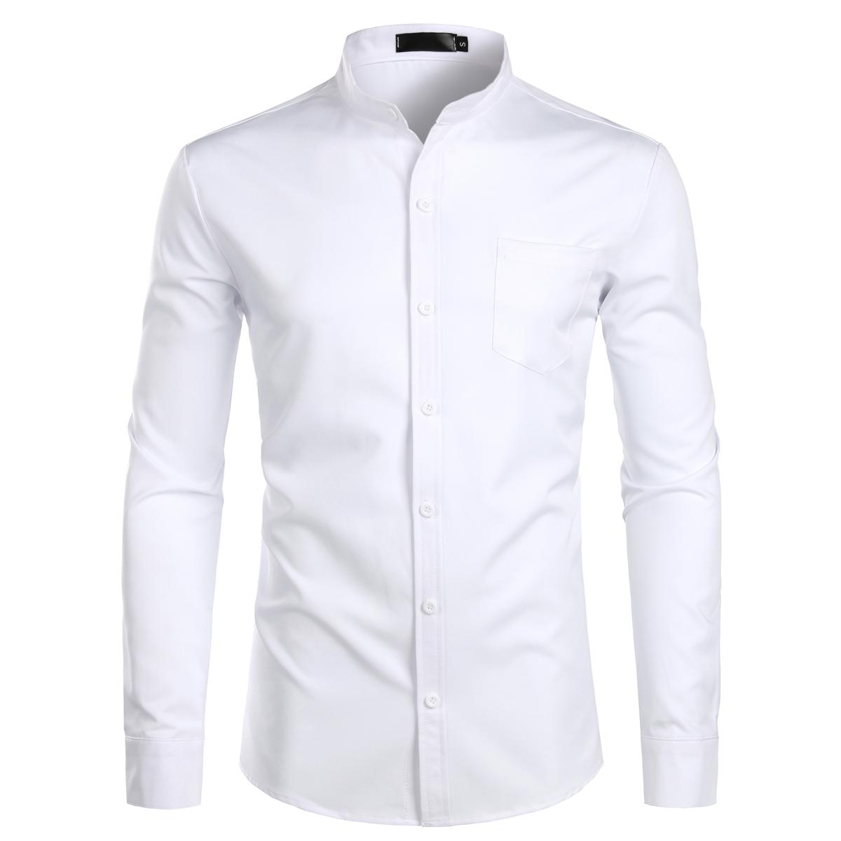 ZEROYAA Men's Red Banded Slim Fit Collar Long Sleeve Casual Button Down Dress Shirts with Chest Pocket Breathable Polyester Fabric Soft Top