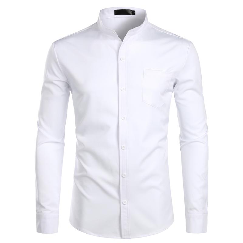 ZEROYAA Men's Red Banded Slim Fit Collar Long Sleeve Casual Button Down Dress Shirts with Chest Pocket Breathable Polyester Fabric Soft Top