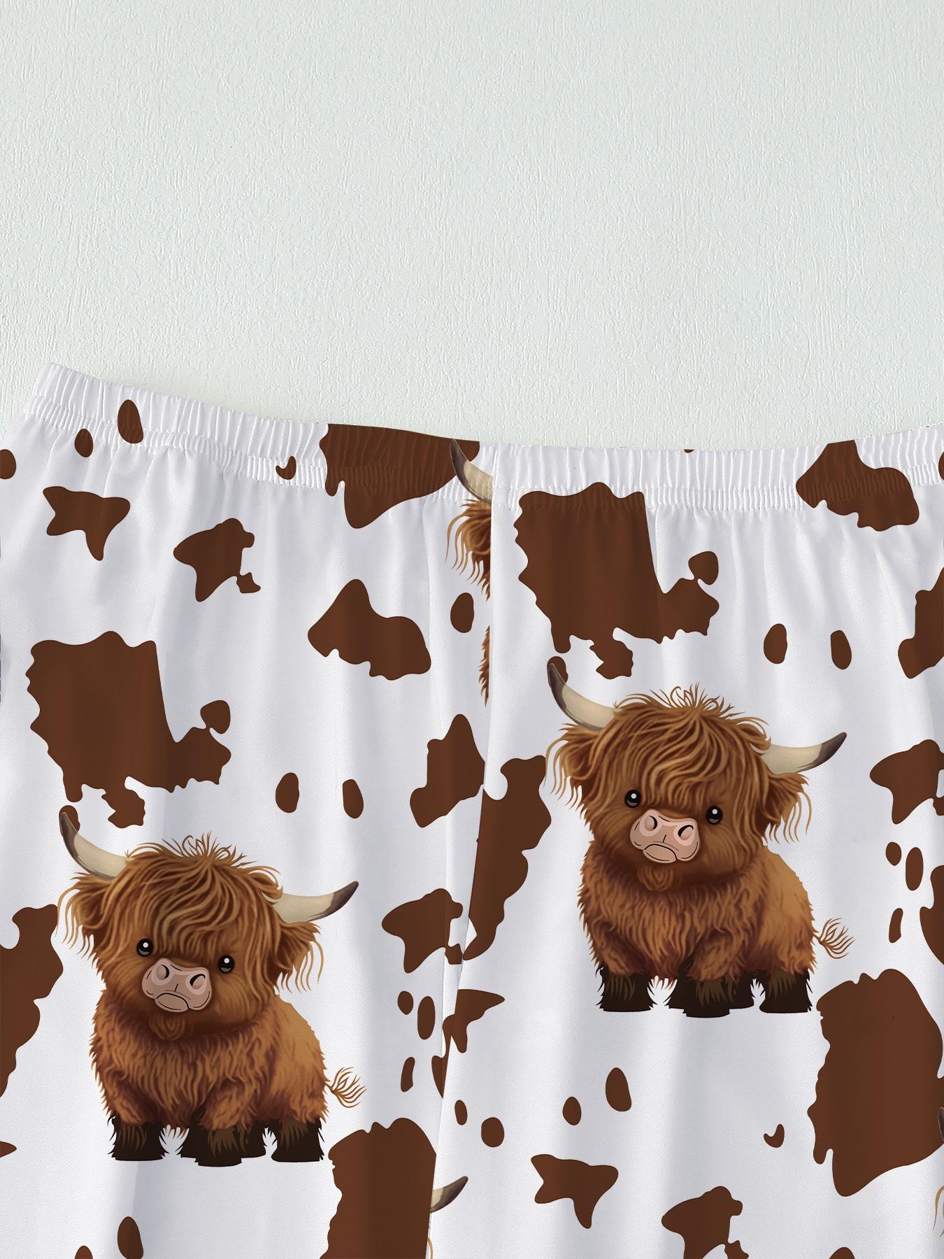 【Highland cattle】Women's Cartoon Cow Print Pajama Set, Long Sleeve & Pants, Elastic Waistband, Comfortable Home Wear, Fall Winter