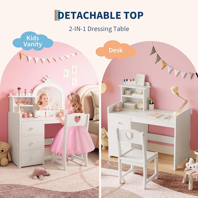 Vanity Desk with Mirror , White Princess Wooden Makeup Vanity with Chair, Storage Shelves and Drawers, 2-in-1 Girls Dressing Table