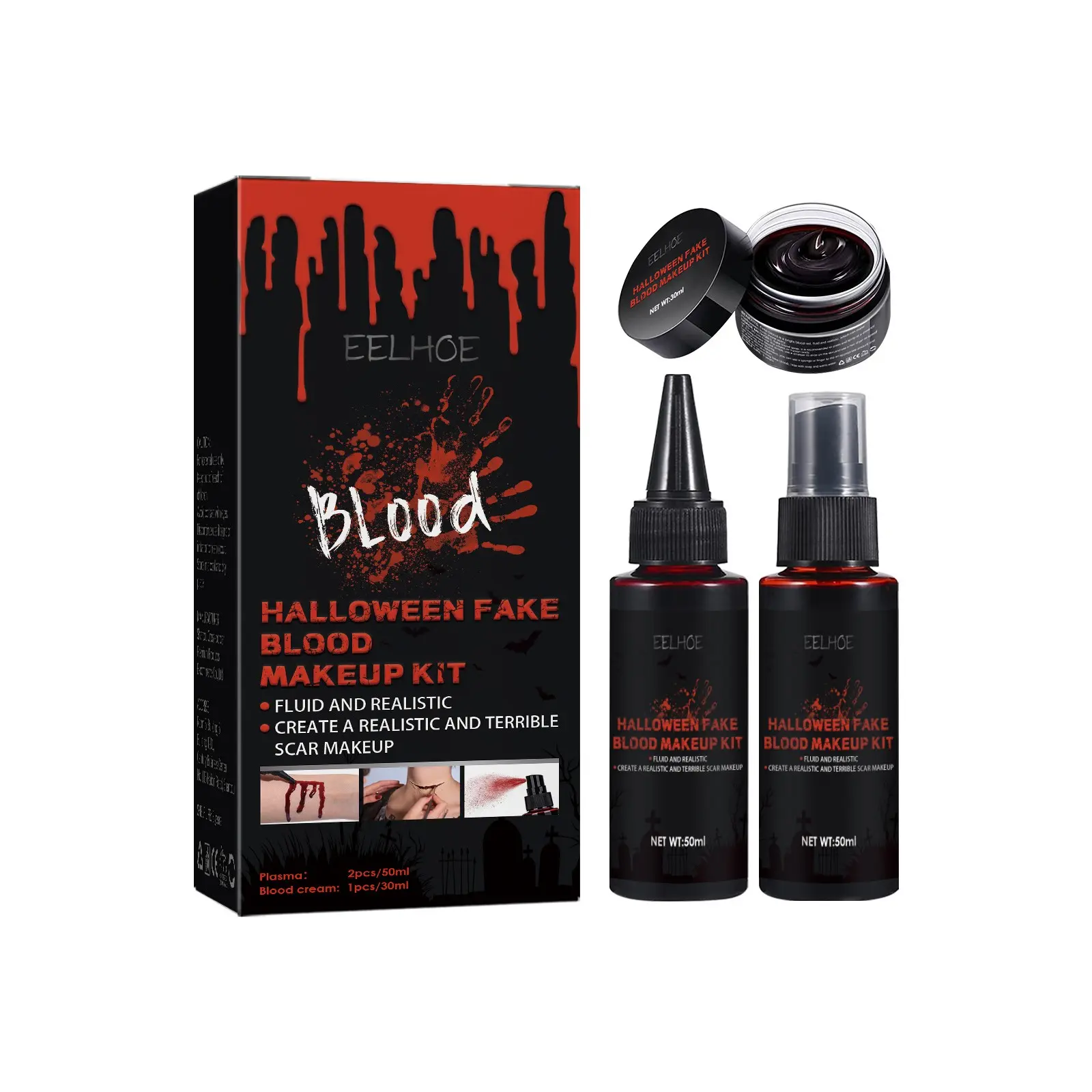 5PCS Fake Blood Halloween Makeup Kit - Coagulated Blood, Fake Blood Spray, Dripping Blood, Realistic Washable SFX Makeup for Zombie, Vampire, and Monster Costumes