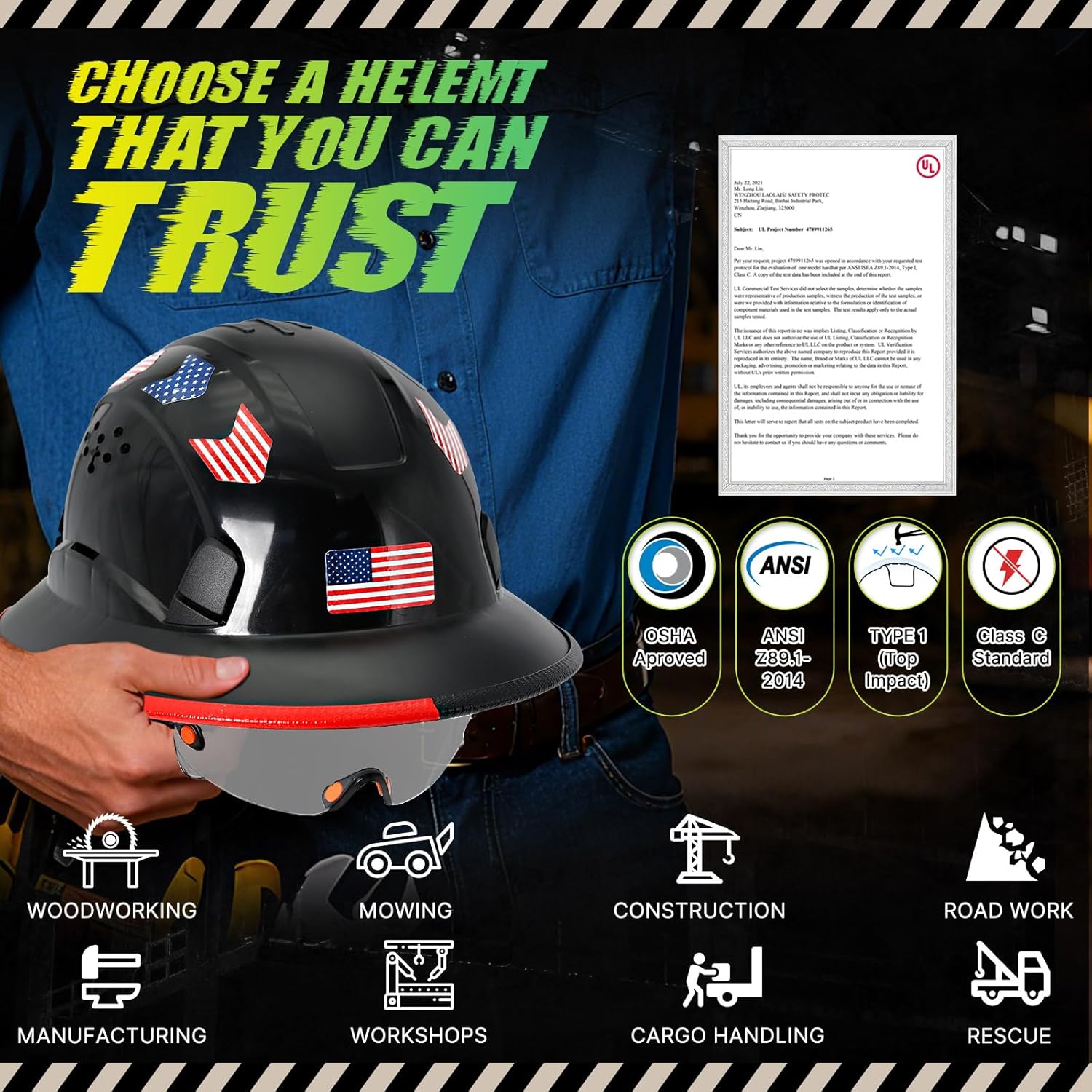 Full Brim Hard Hat with Clear Visor Cascos De Construccion Vented Hard Hat with Chin Strap Adjustable Cool Vent Work Helmet for Men Women