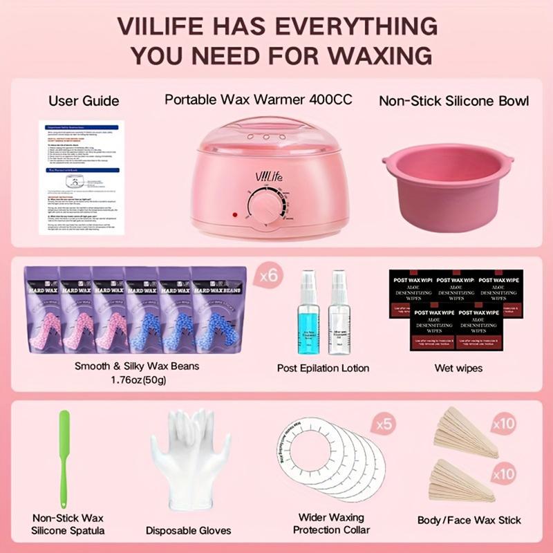 Viilife 6-Piece Hair Removal Wax Set Pink Wax Ball for Face Eyebrows Body Brazilian Lines 43 Accessories Home Salon Grade Hot Melt Wax Set - Cosmetic