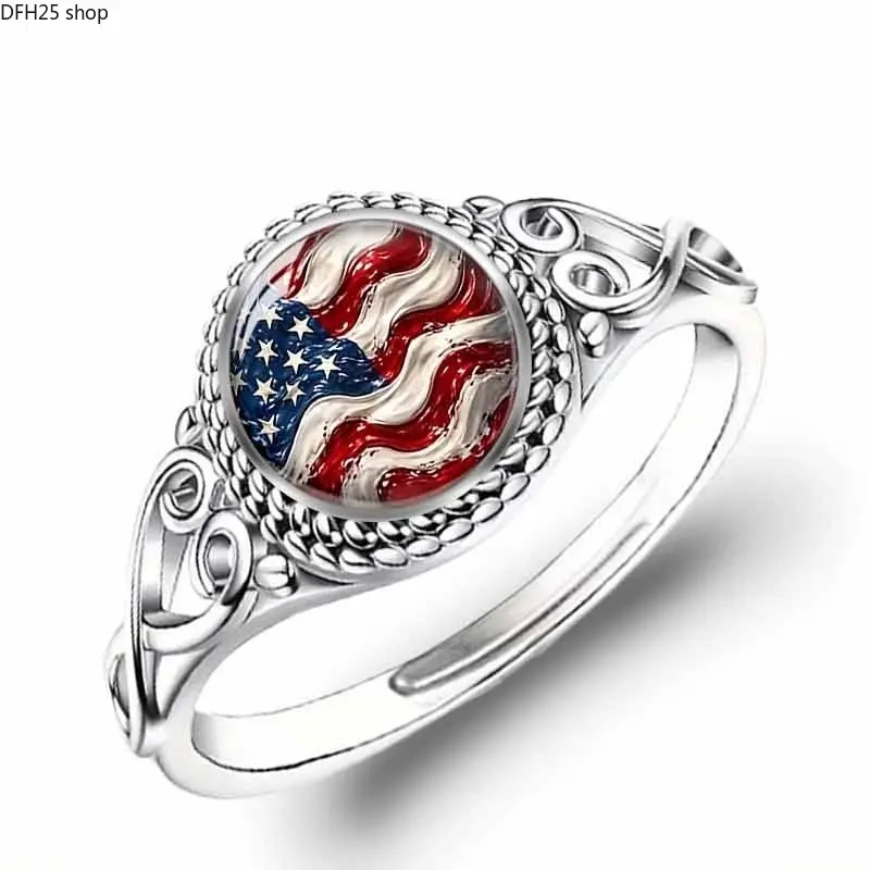 American Flag Statement Ring for Women and Men, Adjustable Silver Tone Band With Patriotic Artwork Design and Vintage Style Details, Fashion Jewelry Accessory for Daily Wear and Events