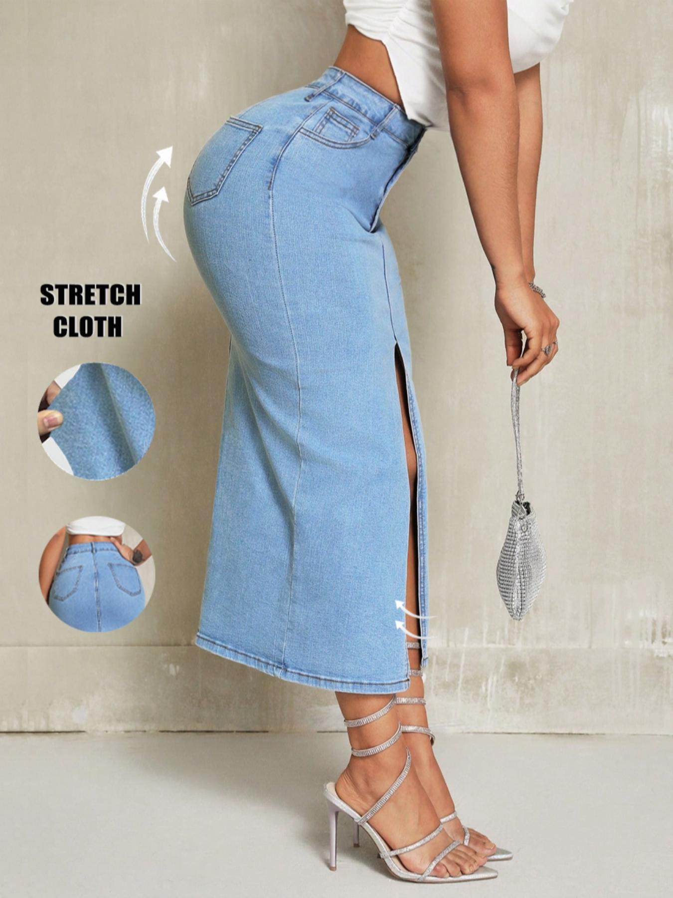 Women's Casual Elastic Front Slit Denim Skirt, Fashionable Comfort Design, Perfect for Daily Wear, Multifunctional Stylish Item