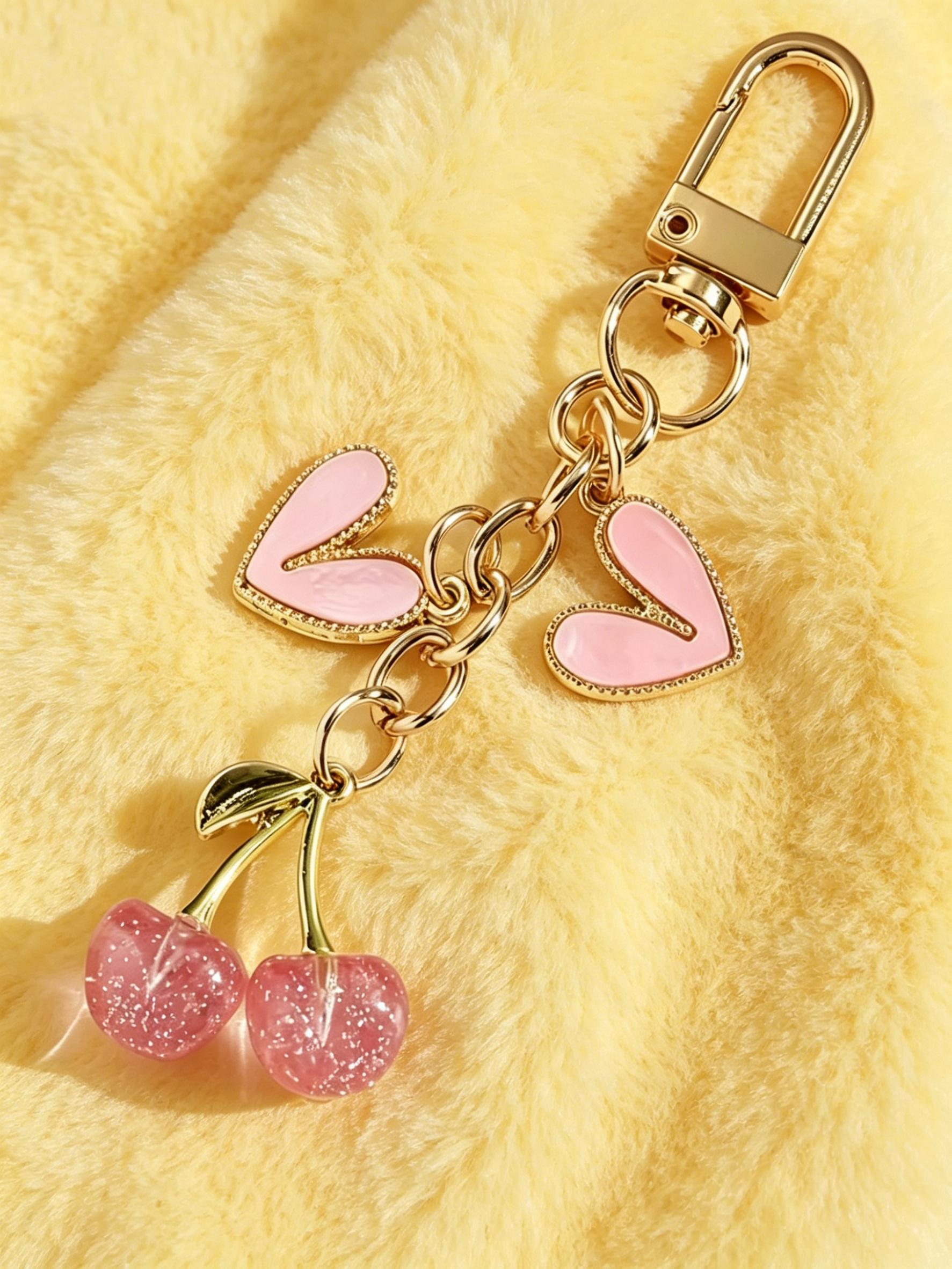Elegant Cherry Heart Keychain for Women, Cute Glossy Cherry Key Ring, Fashion Bag Charm, Casual Style, No Choking Risk