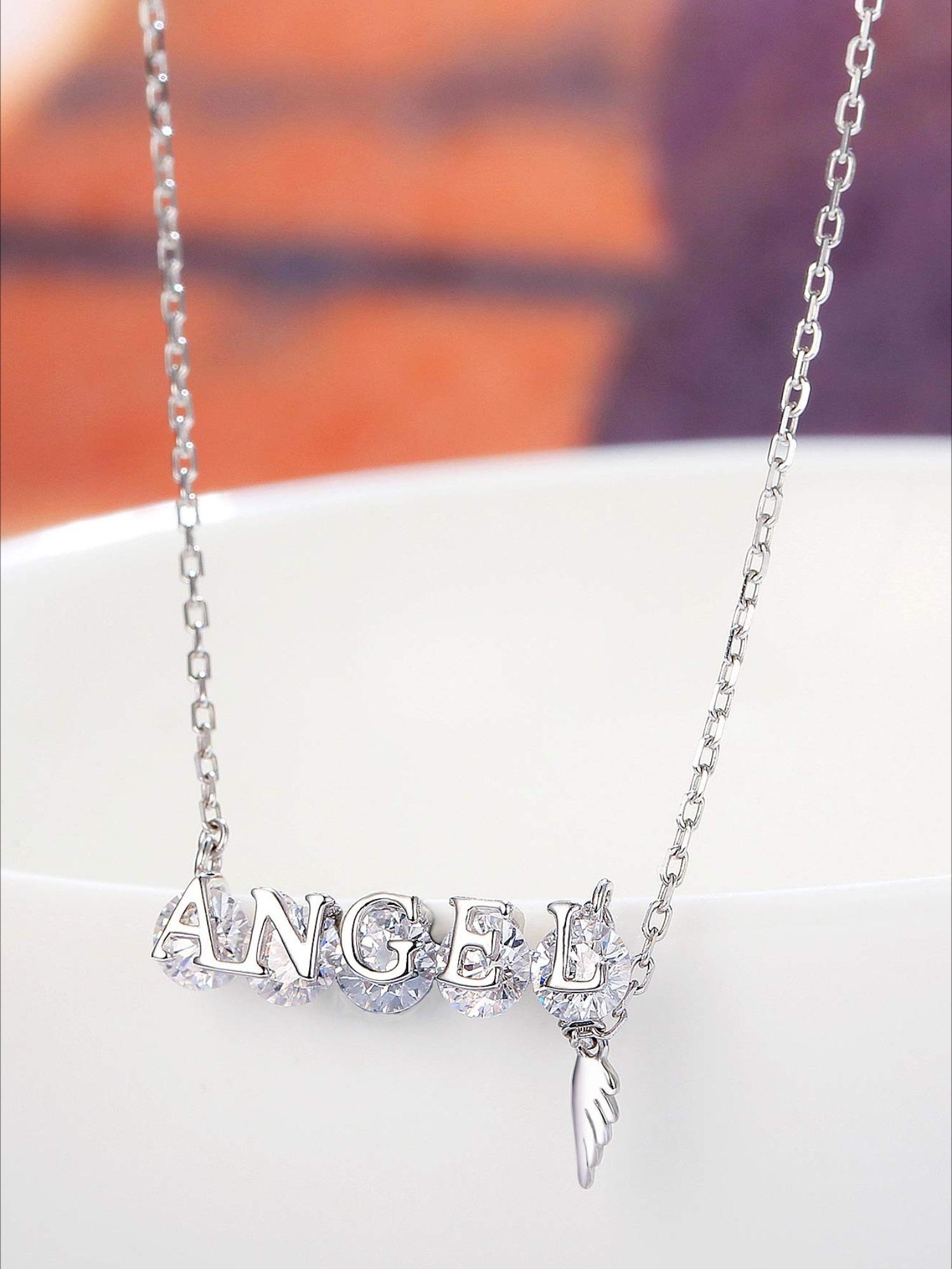 1 Pc Elegant Silvery ANGEL Letter Necklace with Sparkling Swarovski Crystal for Women Men Angel Wing Charm Trendy Meaningful Jewelry Piece Constructed with Durable Hypoallergenic Copper Lightweight Skin-friendly Ideal for Prolonged Daily Wear