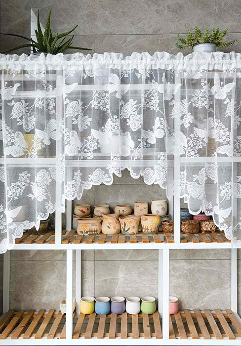 1pc Arched Sheer Curtain - White Lace Floral Print Embroidery Rod Pocket Top, for Doorways/Windows, 63in W x 39in L, One-Piece