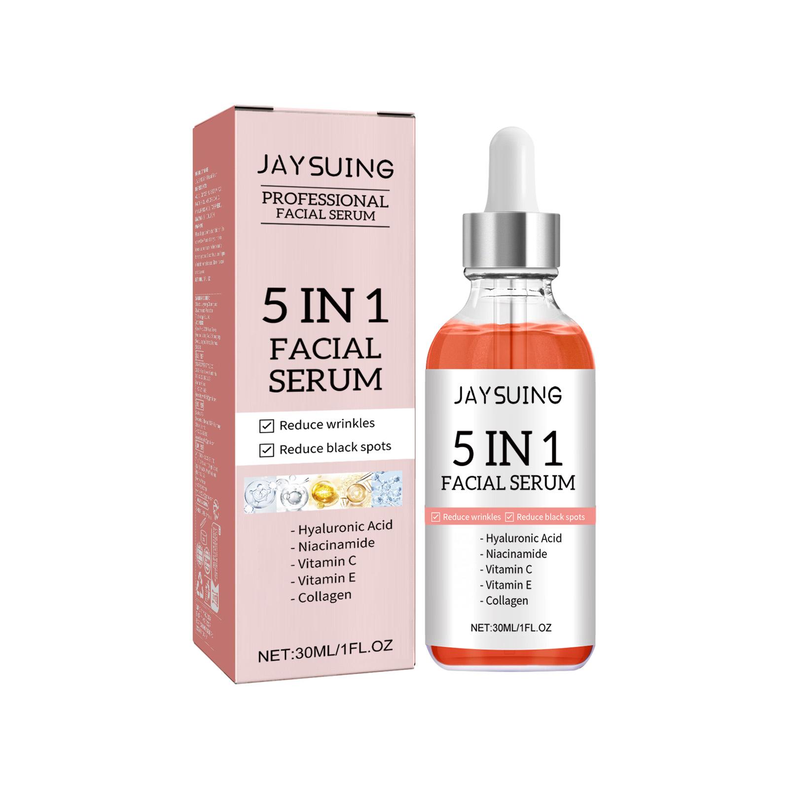 All-in-One 5-in-1 Hydrating Facial Essence, containing collagen, hyaluronic acid, niacinamide, vitamin C and E, suitable for all skin types, fragrance-free facial care.