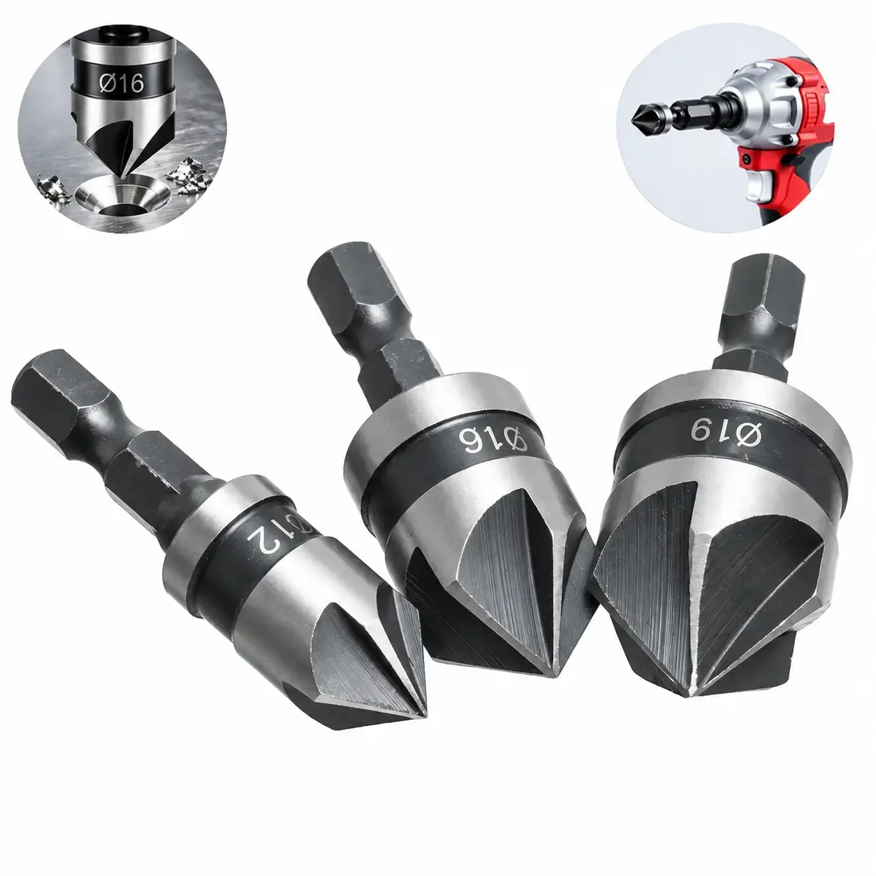 5-Flute 90-Degree Countersink Drill Bit Set, 1/4'' Hex Shank Carbon Steel Woodworking Tool with 12mm/16mm/19mm Chamfering Bits