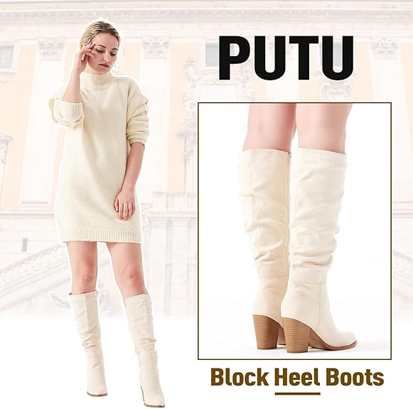 Women's Pointed Toe Knee High Boots Faux Suede Slouch Boots with Chunky Heel