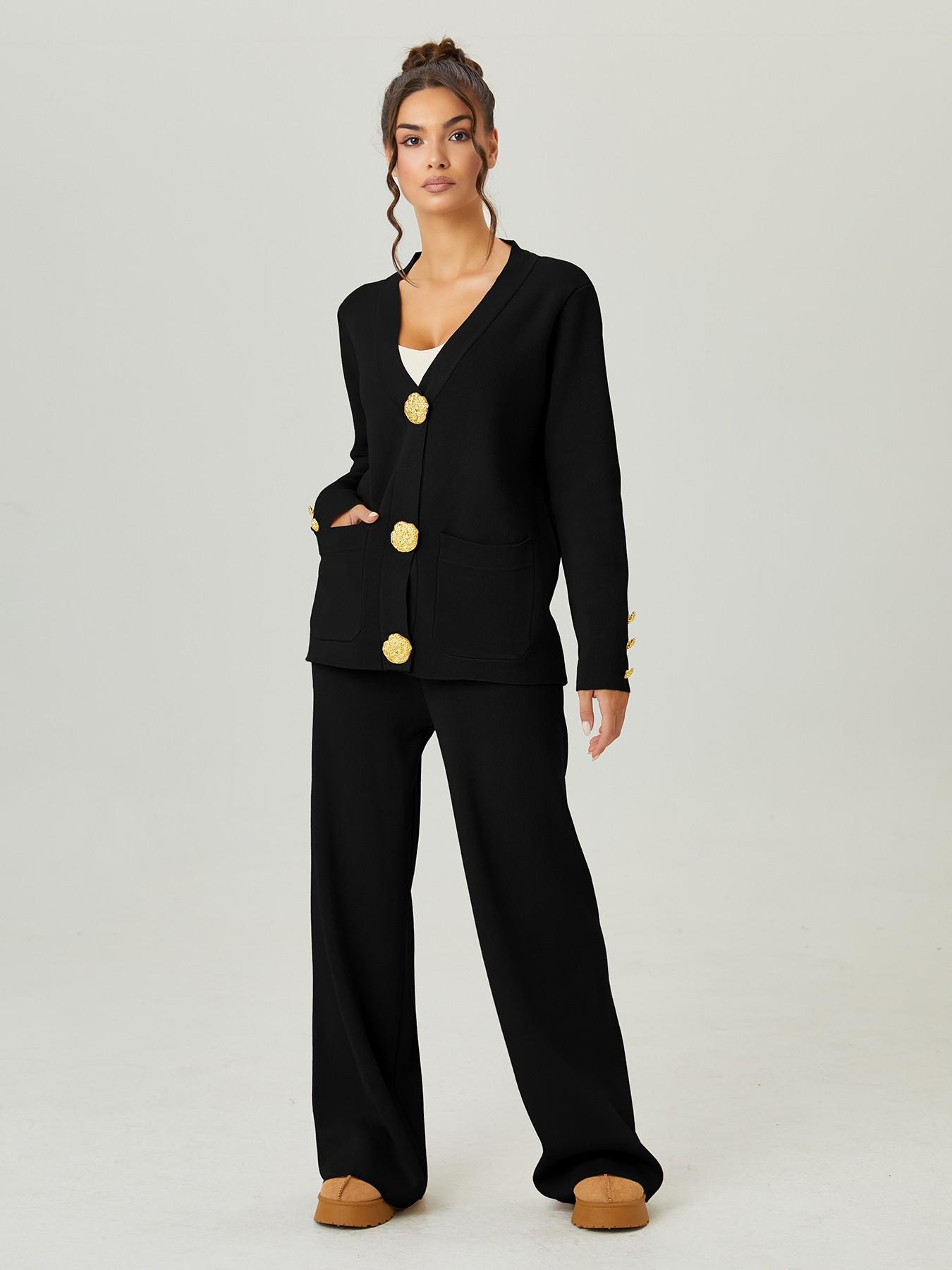 Women's Versatile V-Neck Gold Button Side Pocket Knit Cardigan and High Waist Wide Leg Pants Set, Elegant Two-Piece, Comfortable Women's Clothing#TikTokMadeMeBuyIt #CasualChic#MatchingSet