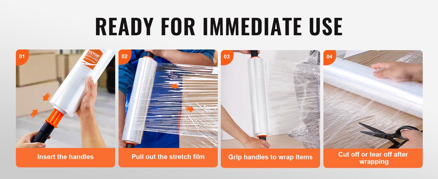 VEVOR Stretch Film, 15 inchesx 1000 feet, 4 Pack, 60 Gauge Industrial Strength Clear Durable Stretch Wrap Roll, Heavy Duty Shrink Film Stretch Wrap with Handles for Pallet Wrapping Shipping Moving