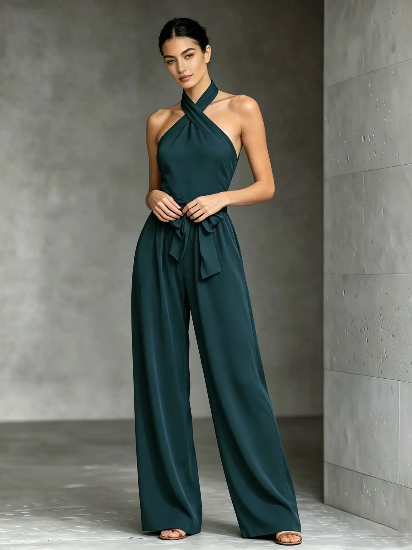 Cross Halter Neck Sleeveless Active Lightweight Jumpsuit, Flowy Wide Leg Pockets Belted Waist Jumpsuit for Summer Vacation and Dates