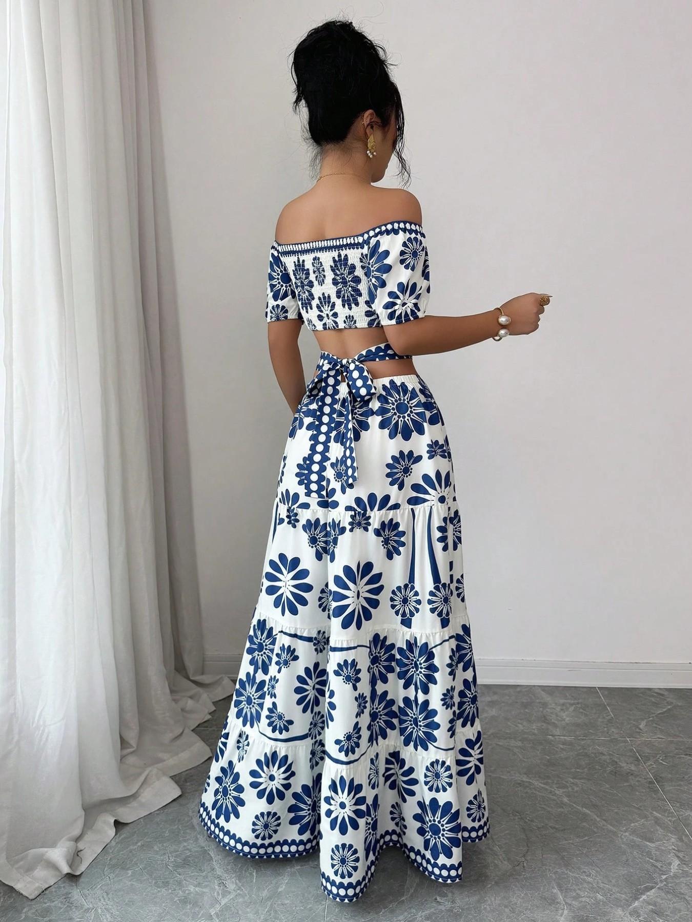 Women's Floral Off-Shoulder Short Sleeve Hollow Out Waist Fashion Chic Dress, Tropical Vacation Women's Dress, Long Dress for Summer