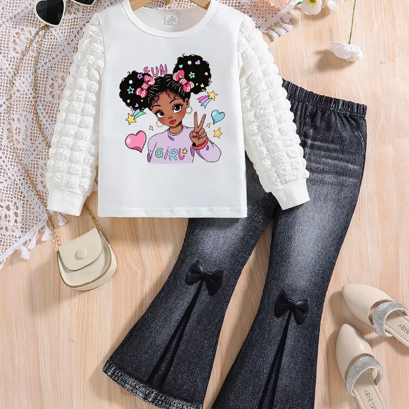 Two-piece Set Girl's Cartoon Girl Print Long Sleeve Tee & Denim-Effect Print Flare Leg Pants Set, Cute Casual Round Neck Plaid Striped Bubble Sleeves Top & Bell Bottom Trousers for Daily Wear, Kids Clothes for Spring & Fall, Cute Clothing Set