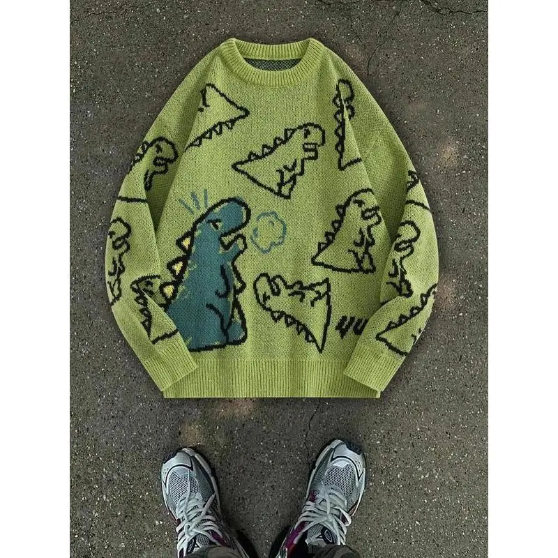 Men's Cartoon Dinosaur Print Drop Shoulder Sweater, Loose Casual Long Sleeve Round Neck Jumper for Fall & Winter, Fashion Men's Knitwear for Daily Wear