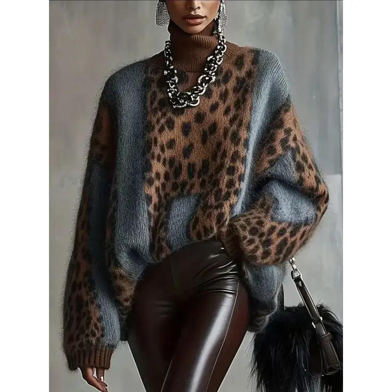 Casual Leopard Print Knit Sweater for Women, Thickened for Autumn and Winter, Loose Fit, Vintage Patchwork Top for Women