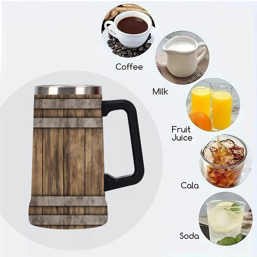 1pc 24oz Barrel Texture Stainless Steel Beer Mug With Big Handle, Vintage Rustic Wood Barrel Print Double Wall Insulated Travel Coffee Beer Cup, Leakproof Large Capacity Water Tumbler For Bar Pub Camping, Retro Western Gift For Men Beer Lovers