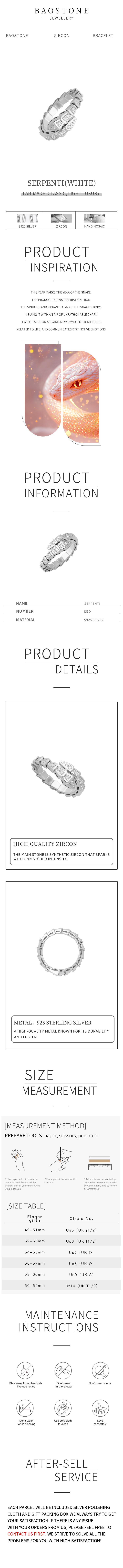 BAOSTONE Lab Created Artificial Gemstone 925 Silver Ring-Serpenti-#J330