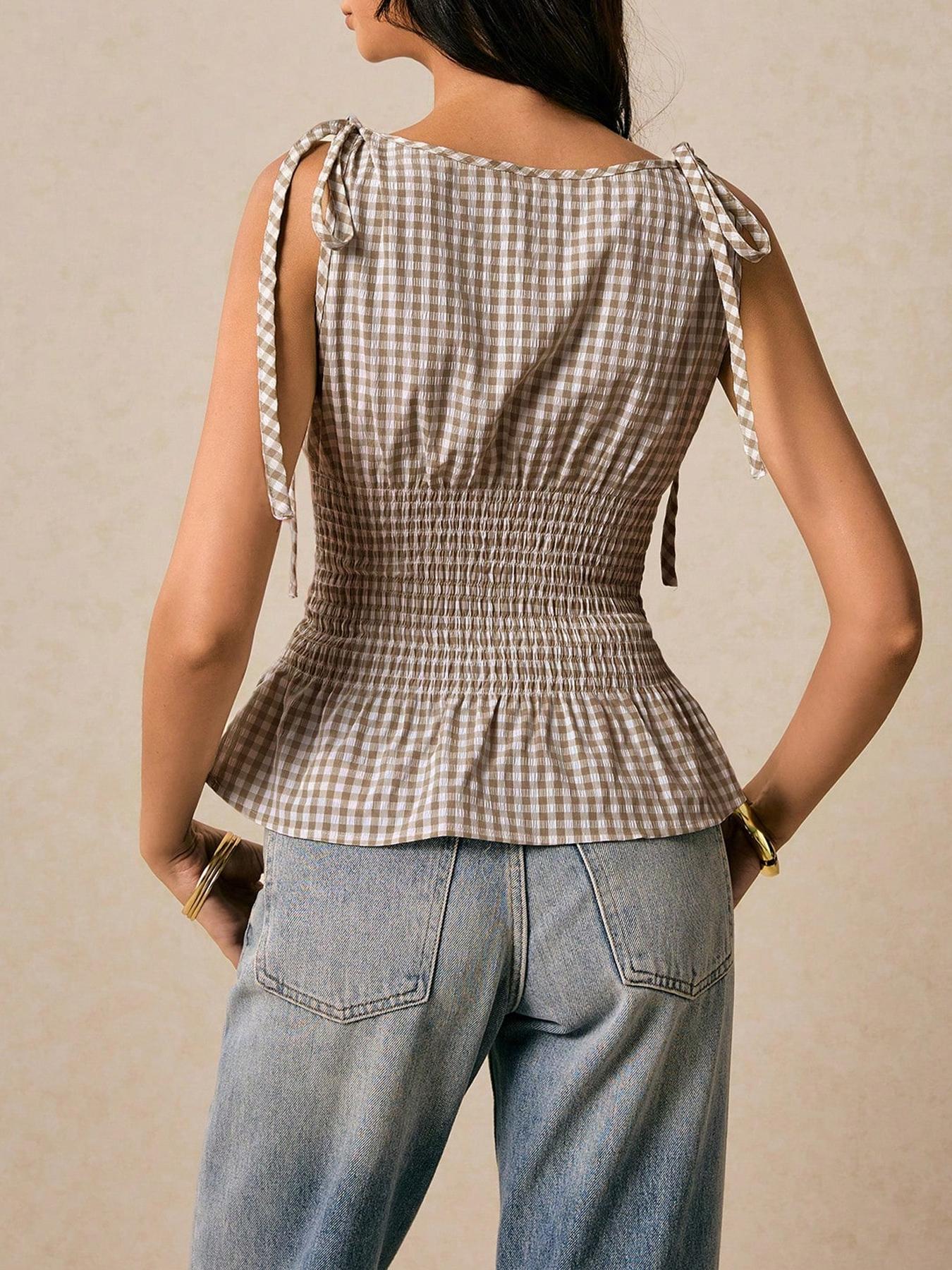 Women's Top Plaid Waist Top Boat Neck Waist Tie Ruffle Hem Shoulder Tie Tank Top Summer Cute Y2k Commute Daily Elastic
