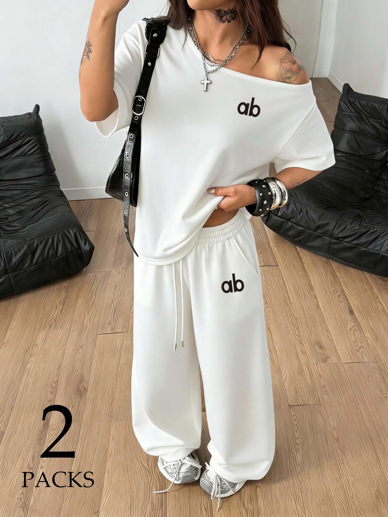 Women ab Letter Print Off-Shoulder Oversized T-Shirt & Wide Leg Pants Two Piece Set, Womenswear, Loose Fit, Soft Breathable Cotton Fabric, Perfect for Street Style, Daily Errands & Casual Lounging, Clothes