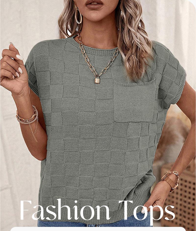 Shewin 2026 Spring/Summer Women's Cap Sleeve Sweater Vest Casual Crewneck Knit Short Sleeve Tops Lightweight T Shirts with Pocket Womenswear Fitted Basic Batwing Sleeve - Shortsleeve