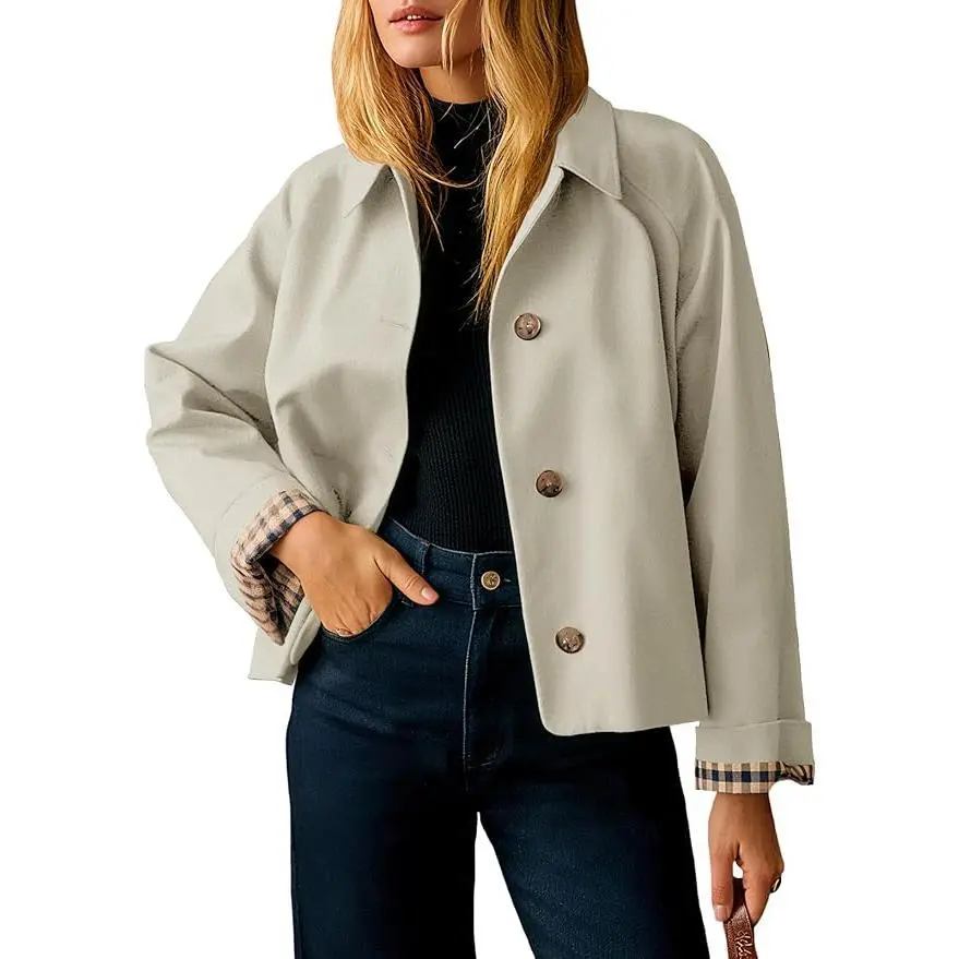 Tankaneo Womens Cropped Trench Coat Lightweight Single Breasted Jacket Fall Windbreaker Fashion Outerwear