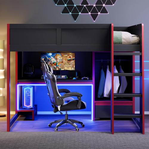 Bellemave Wood Twin/Full Size Gaming Loft Bed with Built-in Desk Wardrobe LED Drawer Black Bedroom Furniture Apartment Storage Space-saving Multi-function