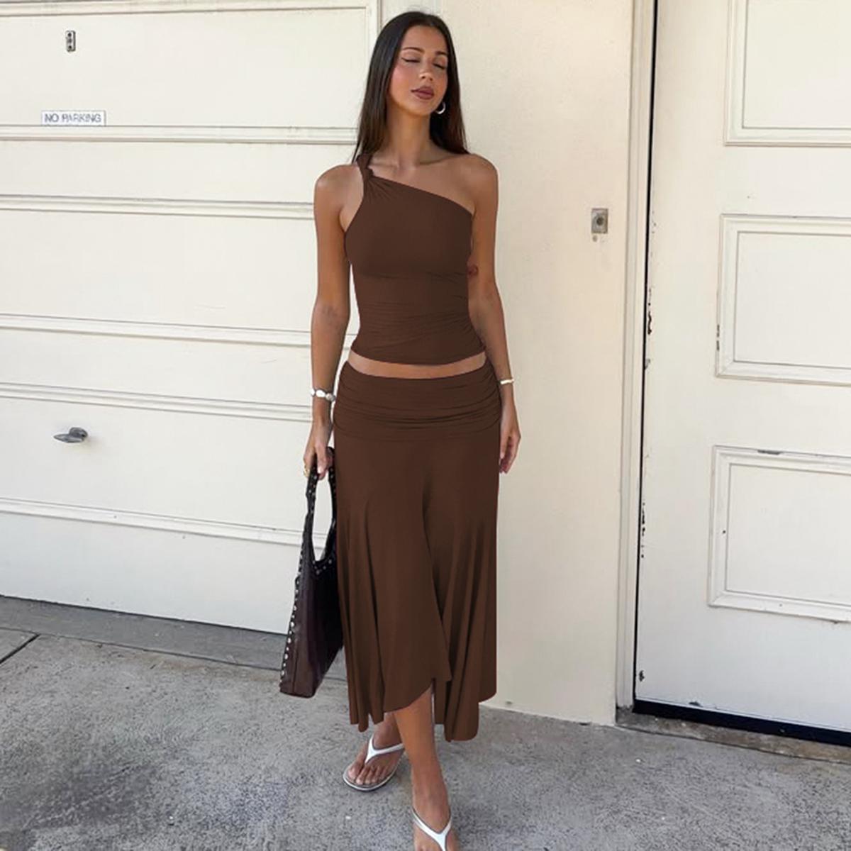 Two-piece Set, Beach Outfits Set, Women's Solid Color One Shoulder Knotted Sleeveless Tank Top & Bodycon Ruched Irregular Hem Skirt, Casual Outfits for Daily Outdoor Wear, Ladies Clothes for Summer