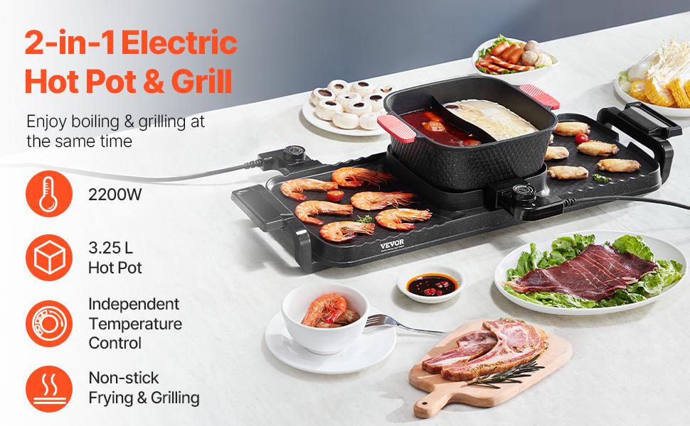 VEVOR Hot Pot with Grill, 2300W 2-in-1 Electric Smokeless Grill and Hot Pot, Removable Shabu-shabu Hotpot with Non-stick Pan, Separate Dual Temperature Control, Indoor Korean BBQ for 1-6 People