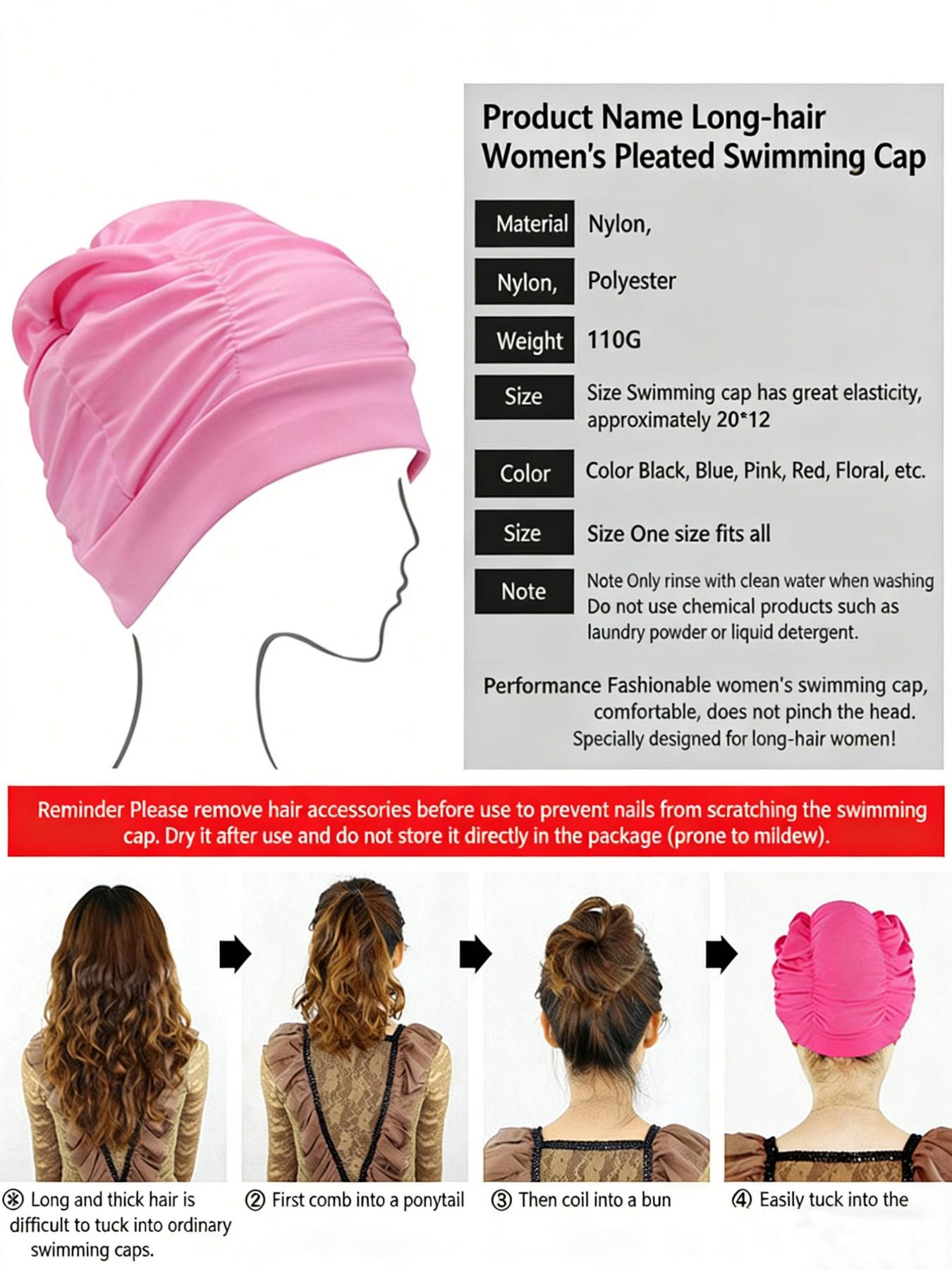 Comfortable Non-Pressing Large Size Long Hair Wrinkle Swim Cap, Solid Color Fabric Swim Cap for Women, Nylon Material Swim Hat