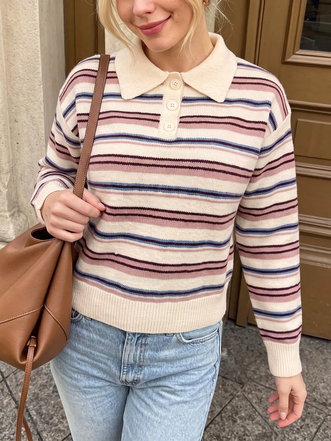 Women's Polo Collar Striped Knit Sweater, Fall Retro Colorblock Loose Shoulder Long Sleeve Soft Cozy Pullover, Casual Top for Women