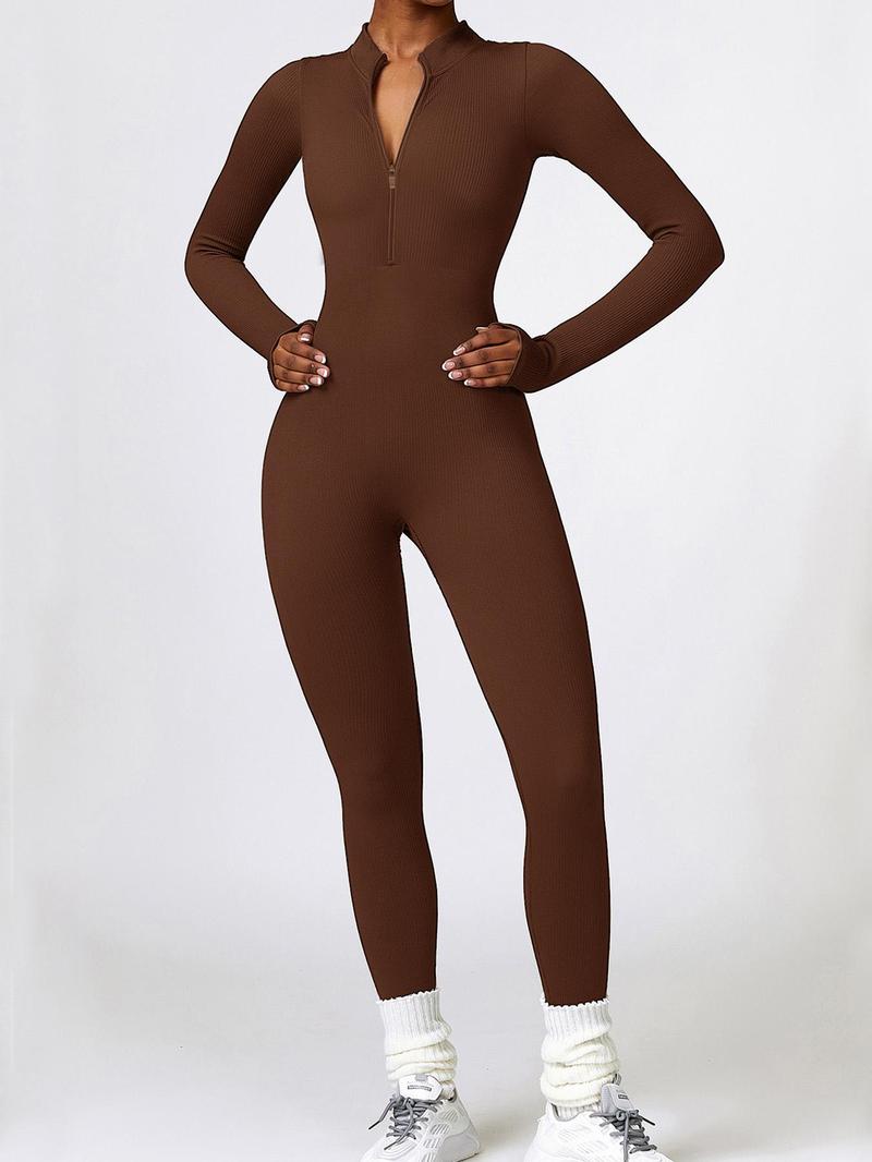 Women's Threaded Long-Sleeved Trousers Seamless Knitted Jumpsuit European & American Winter Tight-Fitting Long-Sleeved Yoga Jumpsuit Zip-Front Tummy-Control High-Intensity Workout Fitness Wear for Women Sportswear Jumpsuits