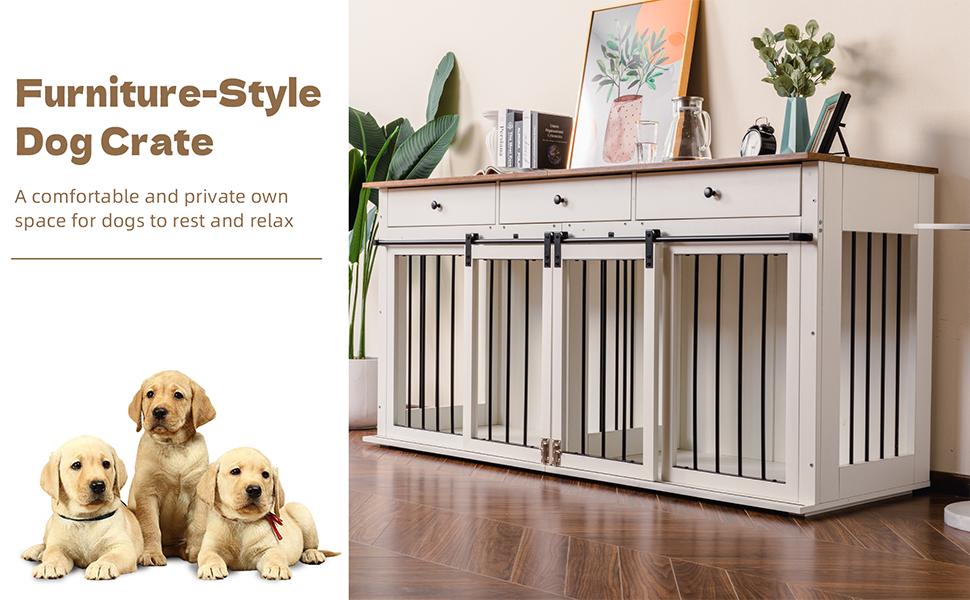 Sunseen Dog Crate Furniture Large Breed Wooden Dog Kennel with Room Divider, 3 Drawers, Double Doors, 72''W x 24''D x 35''H, White