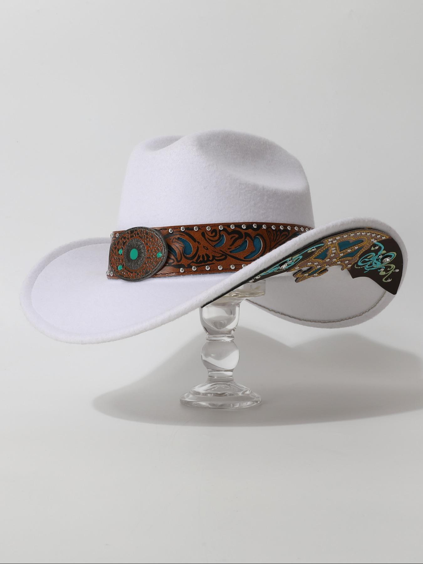 Women's Ethnic Style Cowboy Hat, Cowgirl Hats, Buckle Design Embroidery Brim Patch Decorative Dress Up Hat, Party Western Theme Event Accessory
