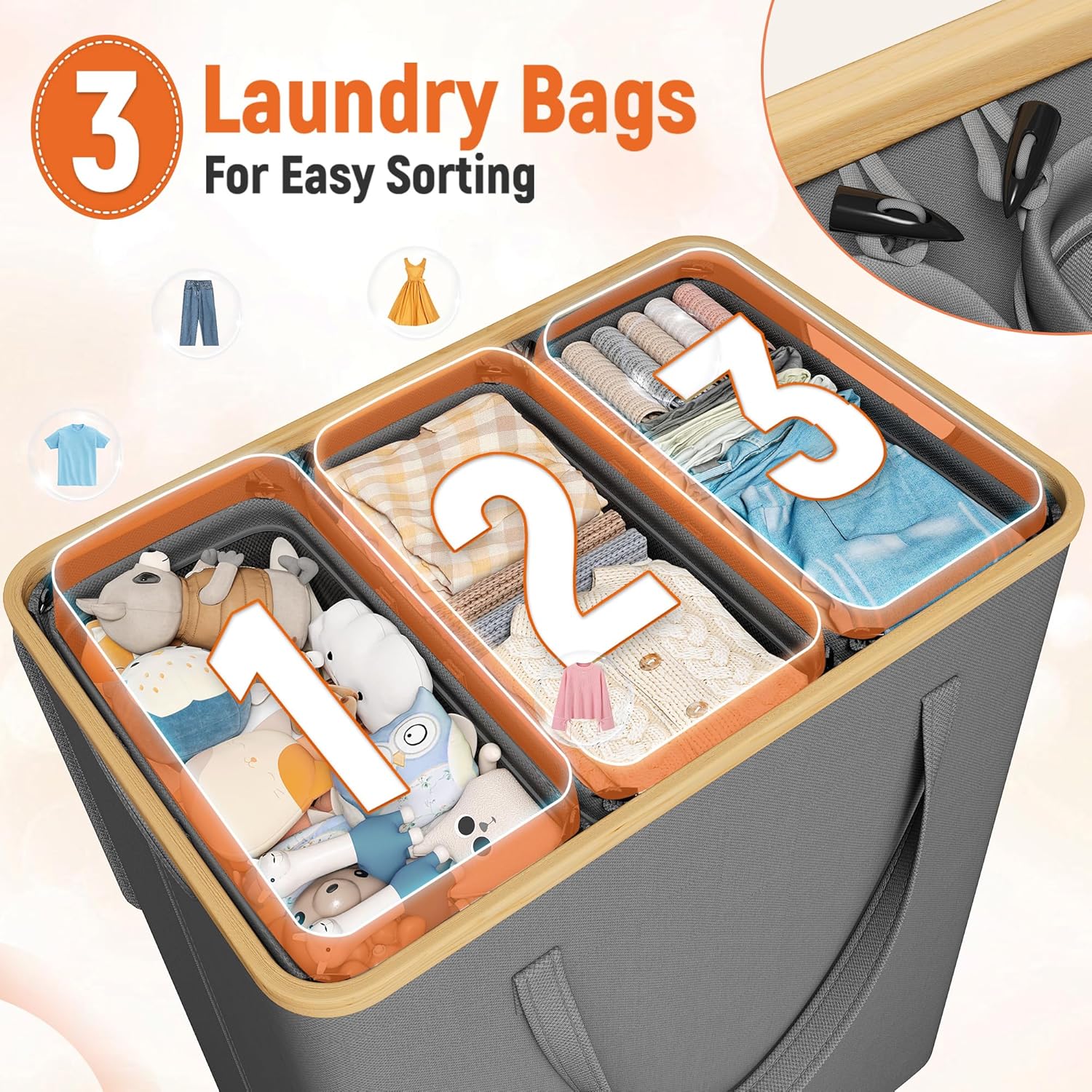 Raybee Furniture Laundry Basket with Lid, 160L-170L Laundry Hamper,2/3 Section Clothes Hamper, Hamper with Lid with Removable & Washable Bags Collapsible Hampers for Bedroom, Aesthetic for Bathroom