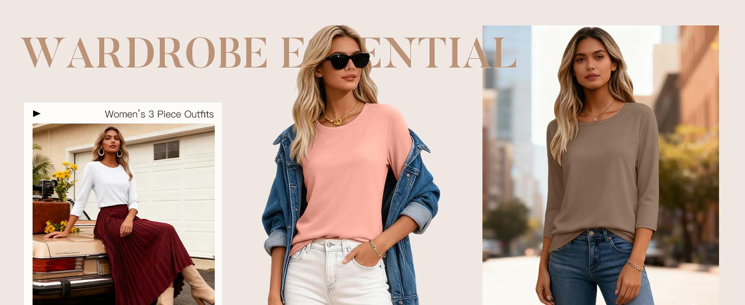 Women's 3-Pack 3/4 Sleeve Crewneck T-Shirts - Solid, Breathable, Classic Basic Casual Tees, Loose Fit Blouses, Summer Clothes, Fall Layering Tops, Work Outfits, Machine Washable Fabric Fashion