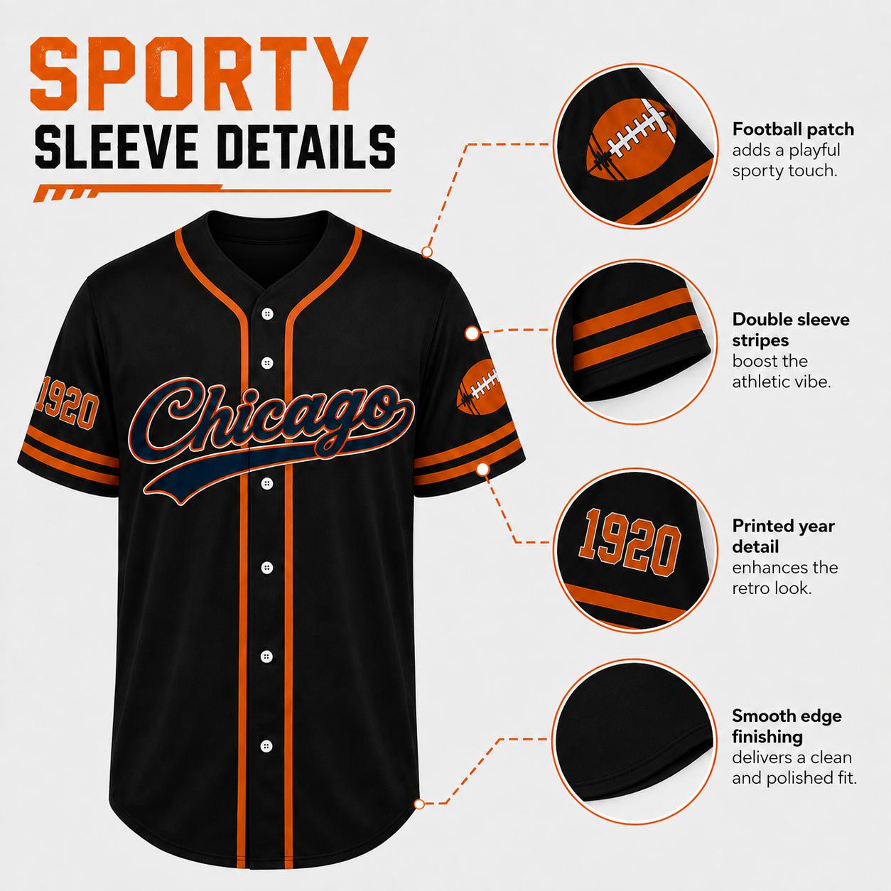 Unisex Regular Fit Button Front Football Team Baseball Jersey, Short Sleeve Game Wear Game Day Top for Football Lovers, Black/Orange/Navy Sport Casual Everyday Outfit - Multiple Colors Available