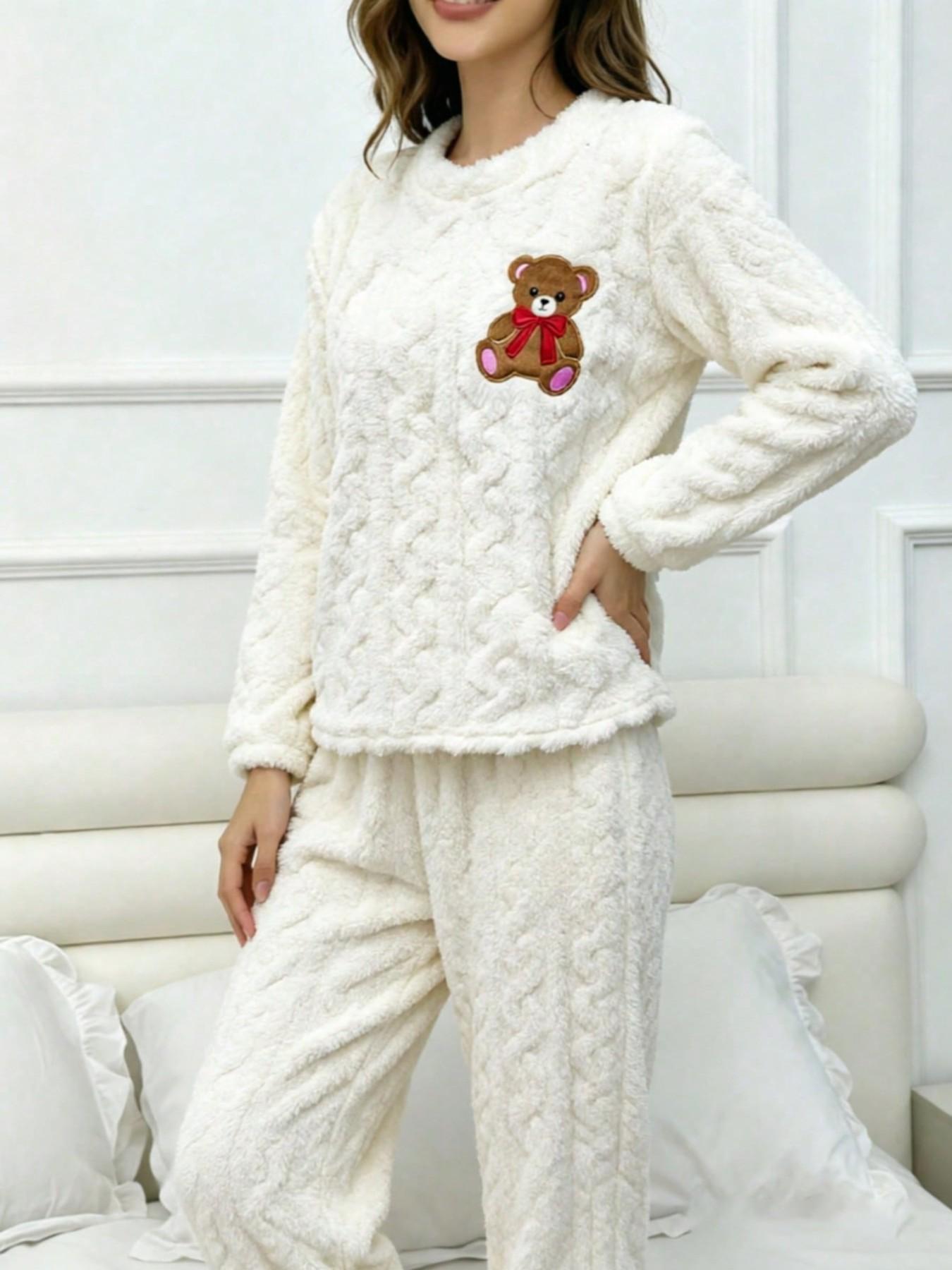 Women's Fall Winter Pajama Set, Cartoon Bear Embroidery Flannel Sleepwear, Long Sleeve Top & Pants, Casual Loose-Fit Loungewear