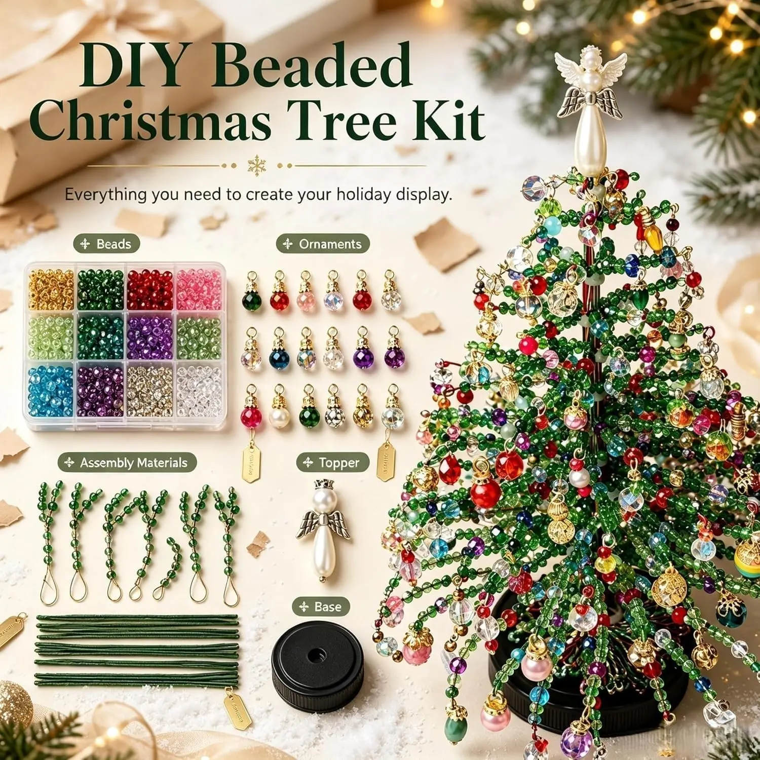 DIY Beaded Christmas Tree Kit,Winter 3D Bead Holiday Craft Set for Adults | Tabletop Tree,Colorful Beads,Ornament Charms,Angel Topper,Warm Glow,Holiday Decor,DIY steps,Gift for Familya